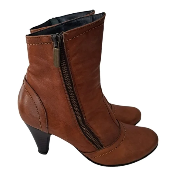 Leather women's tan heeled ankle boots booties Made in Italy zip closure heel 3" - Picture 4 of 12